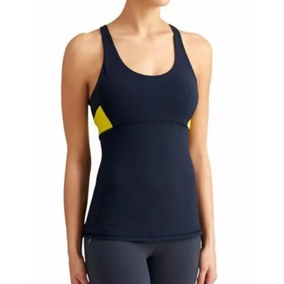 Athleta Navy Blue & Yellow Start Up Tank Padded Athletic Top Size L - Picture 2 of 8